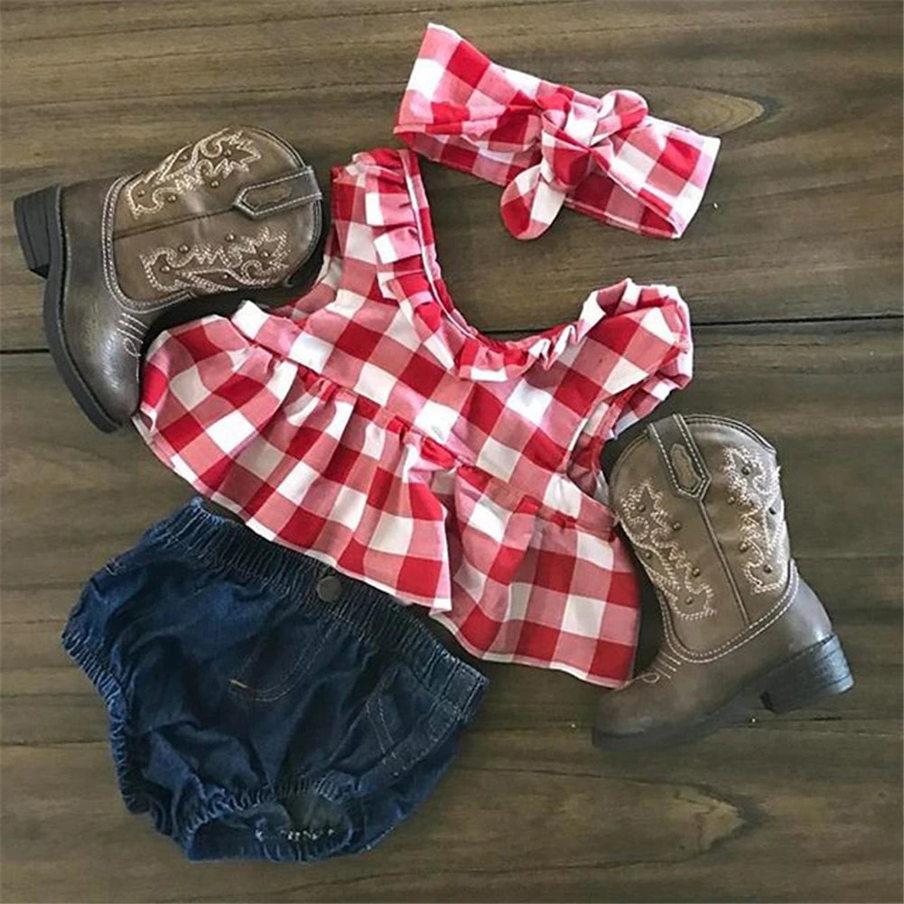 Baby Girls Clothes Sets Red and White Plaid Sleeveless Top Denim Shorts with Headband Toddler Girl Summer Outfits 0-3T
