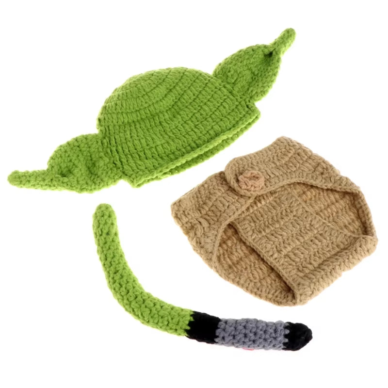 D7YD Baby Photo Props for Yoda Wool Knitted Children Photo Clothing Hat Cosplay Dress Wool Hat Photo Decoration
