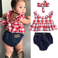 Baby Girls Clothes Sets Red and White Plaid Sleeveless Top Denim Shorts with Headband Toddler Girl Summer Outfits 0-3T