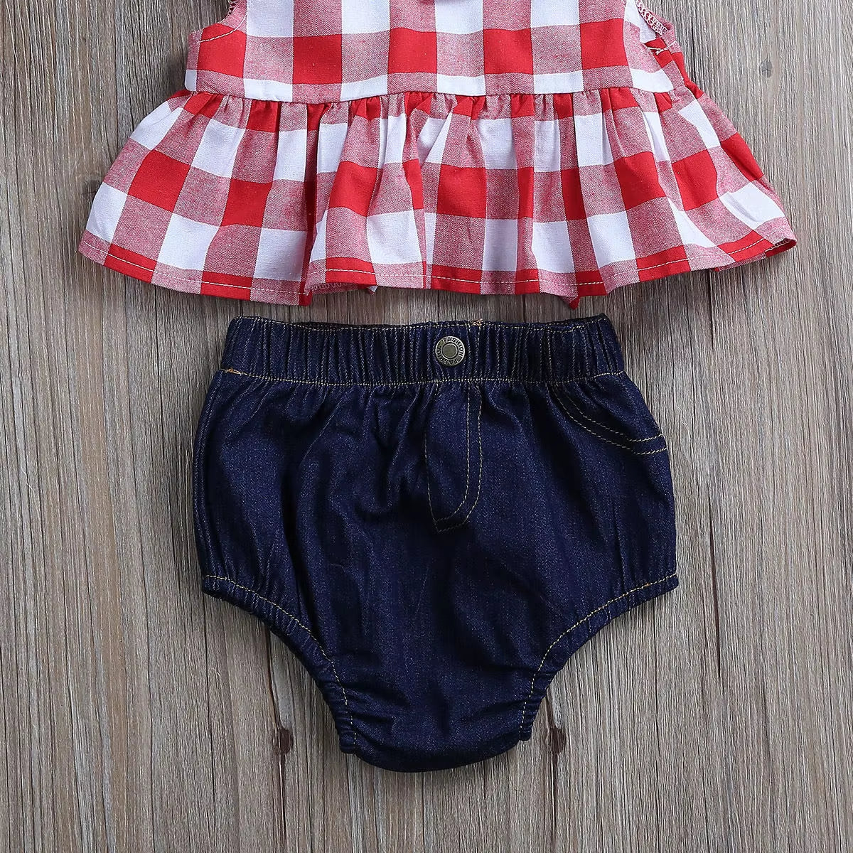 Baby Girls Clothes Sets Red and White Plaid Sleeveless Top Denim Shorts with Headband Toddler Girl Summer Outfits 0-3T