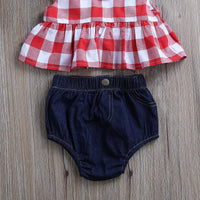 Baby Girls Clothes Sets Red and White Plaid Sleeveless Top Denim Shorts with Headband Toddler Girl Summer Outfits 0-3T