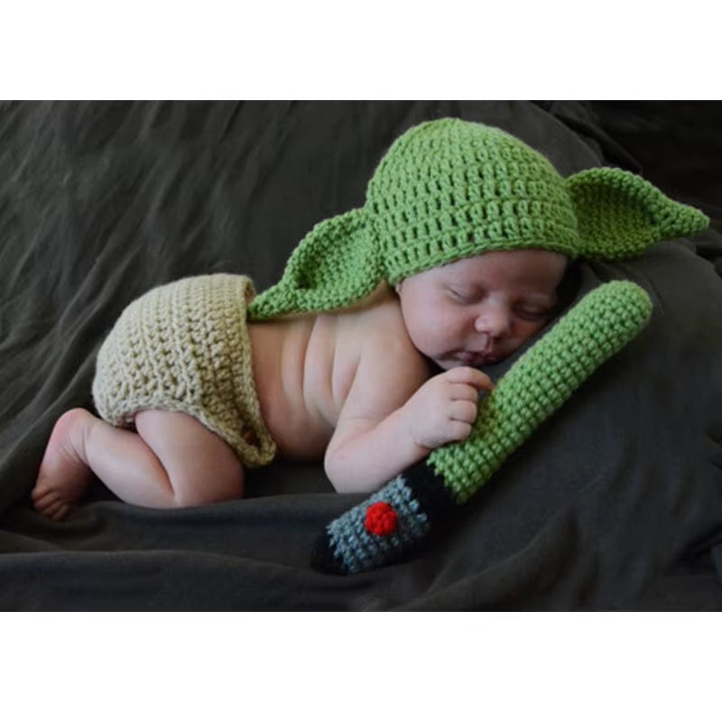 D7YD Baby Photo Props for Yoda Wool Knitted Children Photo Clothing Hat Cosplay Dress Wool Hat Photo Decoration