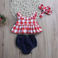 Baby Girls Clothes Sets Red and White Plaid Sleeveless Top Denim Shorts with Headband Toddler Girl Summer Outfits 0-3T