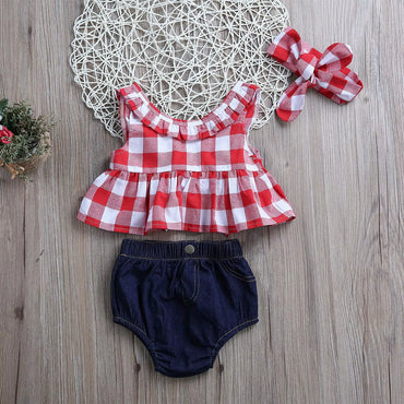 Baby Girls Clothes Sets Red and White Plaid Sleeveless Top Denim Shorts with Headband Toddler Girl Summer Outfits 0-3T