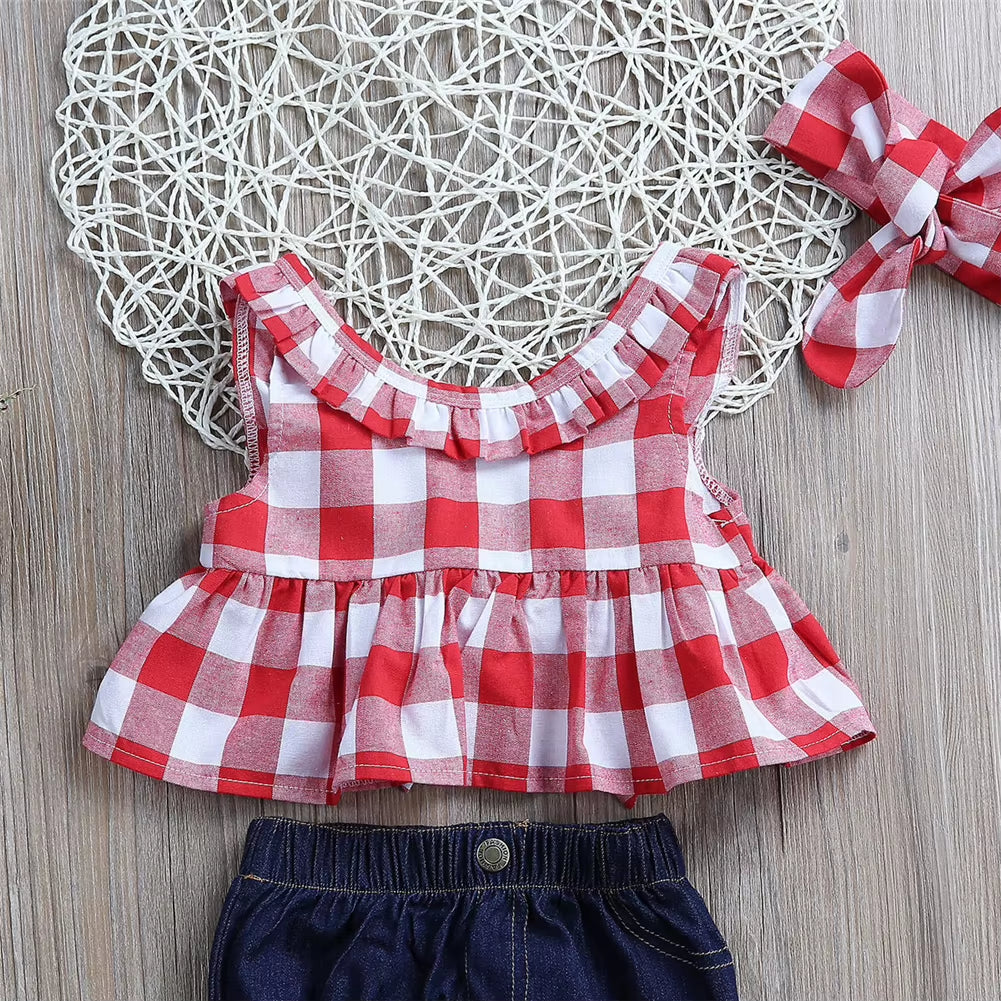 Baby Girls Clothes Sets Red and White Plaid Sleeveless Top Denim Shorts with Headband Toddler Girl Summer Outfits 0-3T