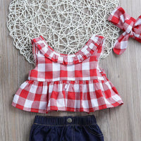 Baby Girls Clothes Sets Red and White Plaid Sleeveless Top Denim Shorts with Headband Toddler Girl Summer Outfits 0-3T